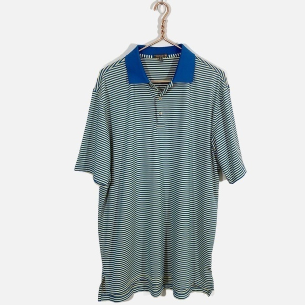 Peter Millar Mens XL Summer Comfort Green Blue Striped Polo Shirt‎ Collared